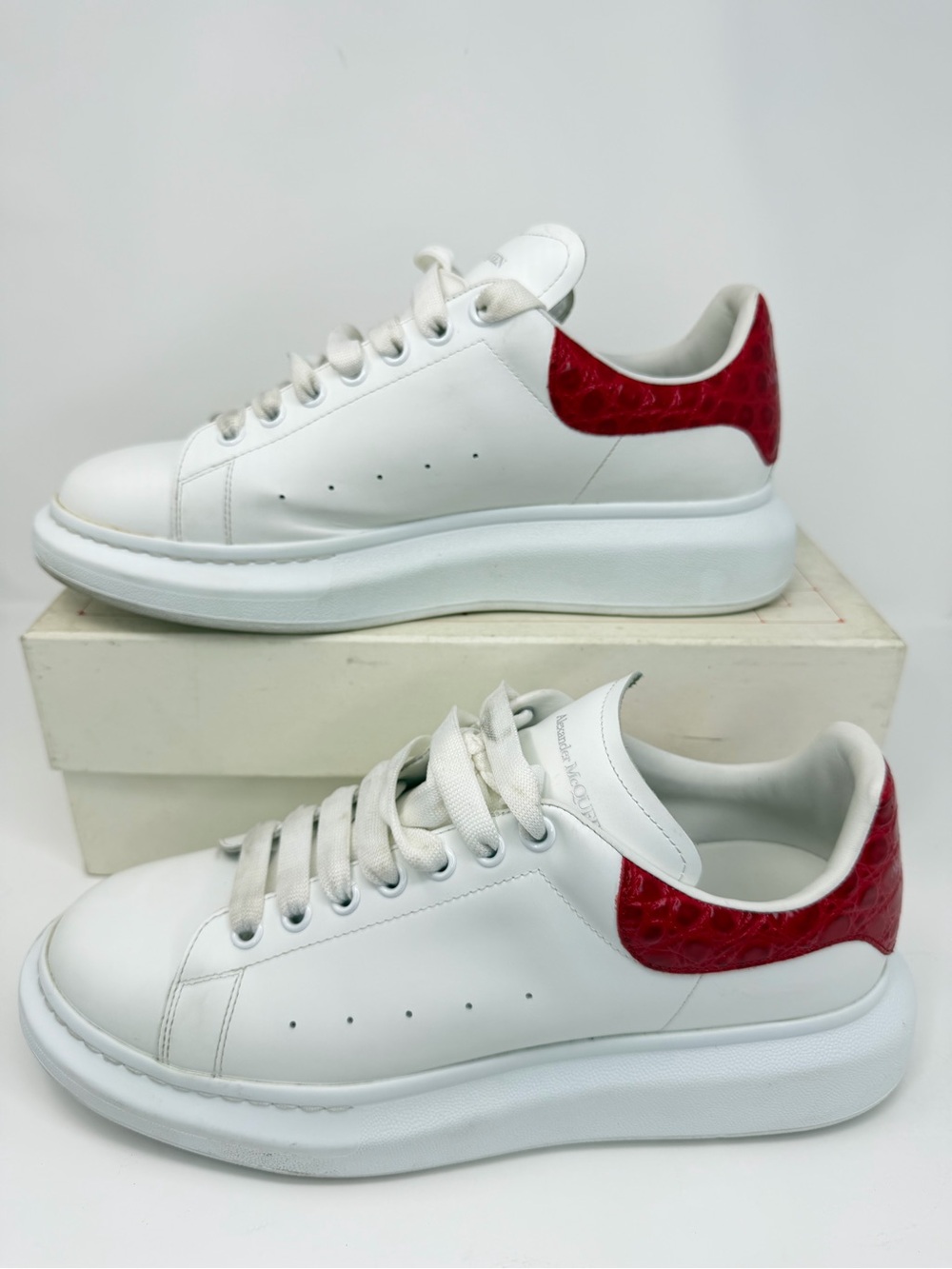 Alexander McQueen White Leather Sneakers with Red Heel